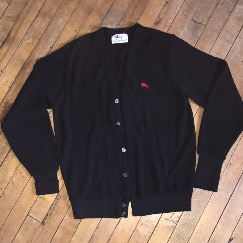 Steeplechase Mens Black Button Front Cardigan Red Logo Embroidered Sweater L